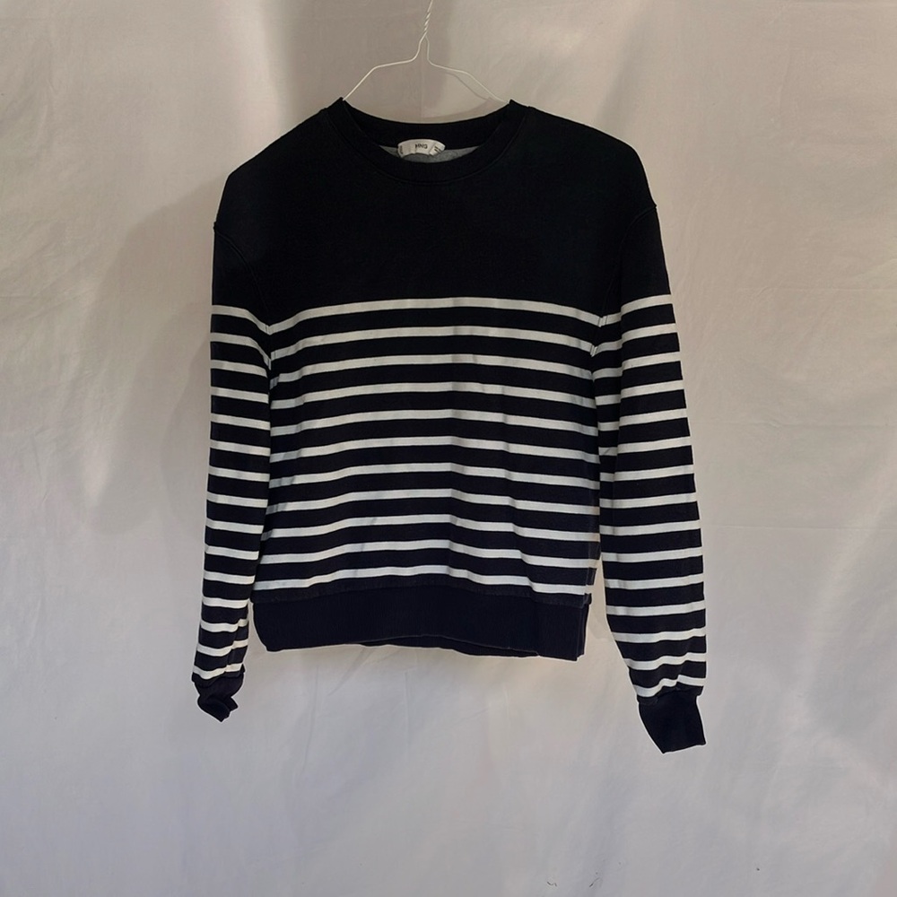 Mango Black and White Crewneck Sweater with Nautical Stripes